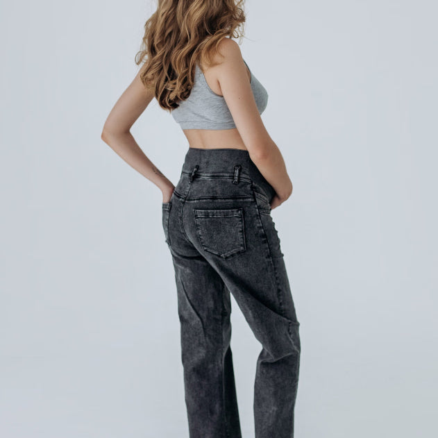 Jeans Premaman Simple&Basic Dritto Grigio Scuro Vita Alta in Maglia
