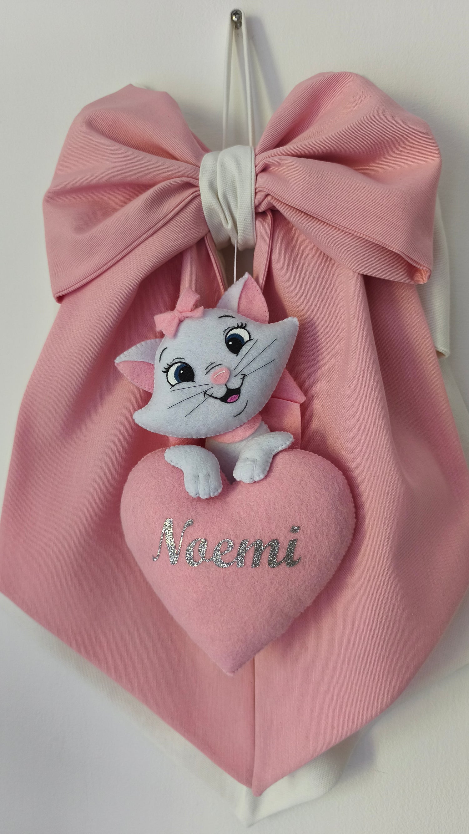 Fiocco Nascita Personalizzato Marie Gattina Aristogatti Rosa e Bianco