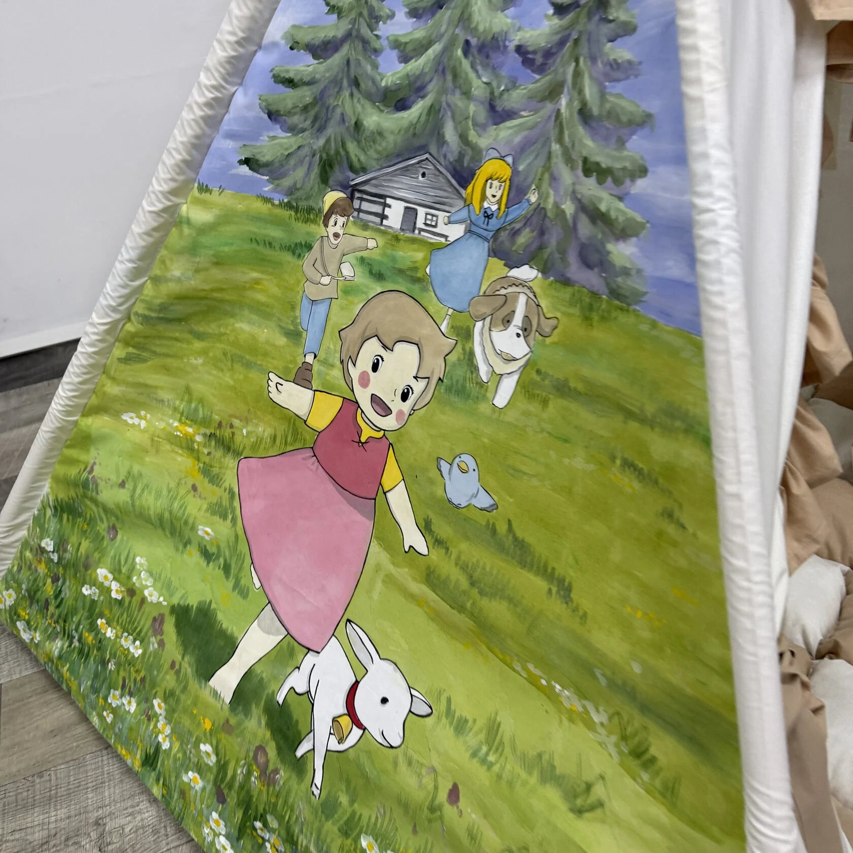 Tenda teepee per bambini dipinta a mano con tema Heidi, personalizzabile con nome, in cotone traspirante con pali in legno di tiglio