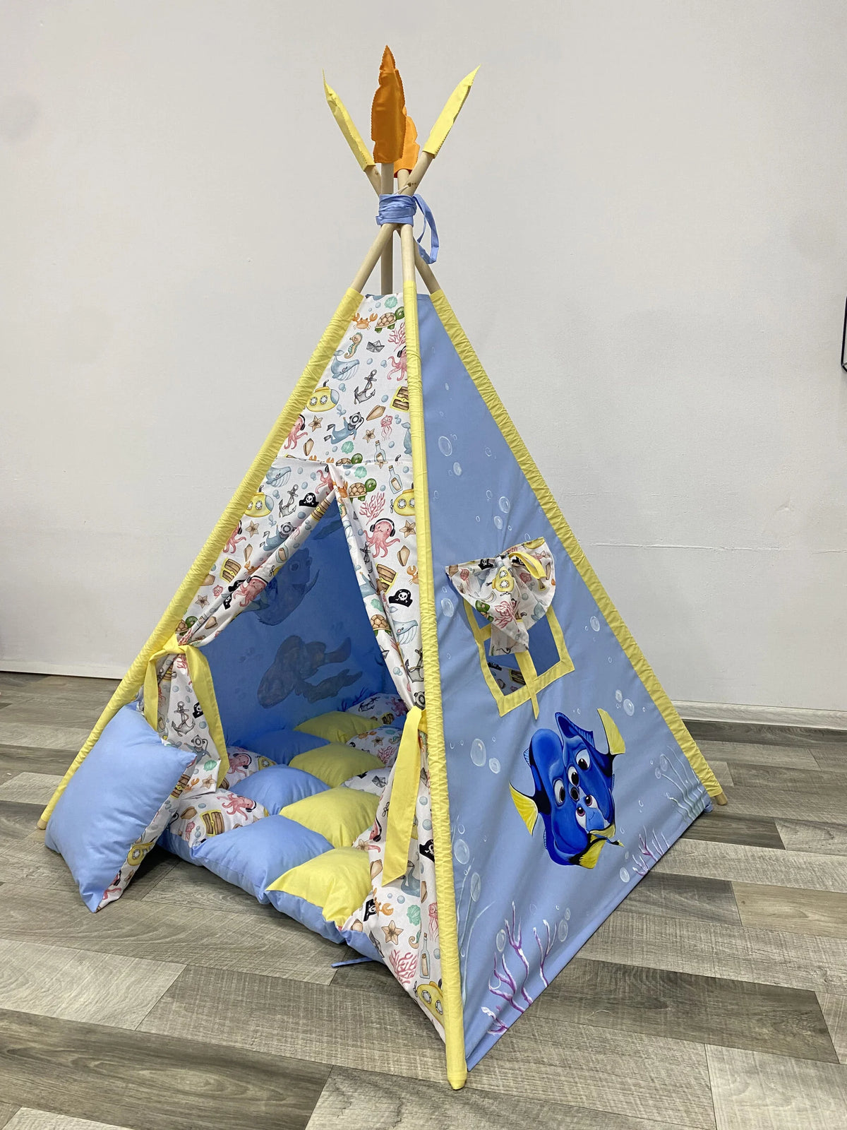 Tenda wigwam bambini tema oceano pesci tropicali, con nome personalizzato cotone azzurro,  pali legno tiglio
