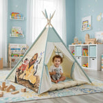 Tenda giochi bambini cotone avorio dipinta a mano tema leone famiglia personalizzata con nome, tappeto imbottito cuscino e pali pieghevoli inclusi