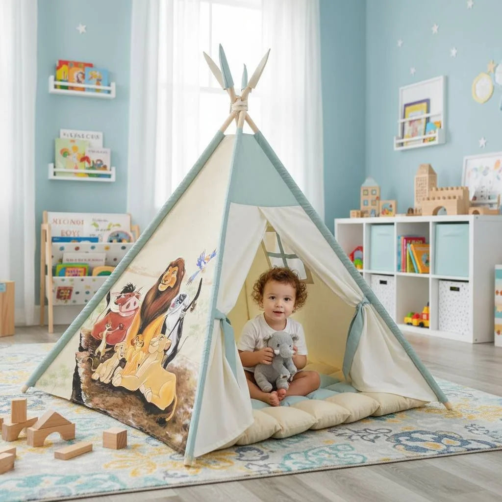Tenda giochi bambini cotone avorio dipinta a mano tema leone famiglia personalizzata con nome, tappeto imbottito cuscino e pali pieghevoli inclusi