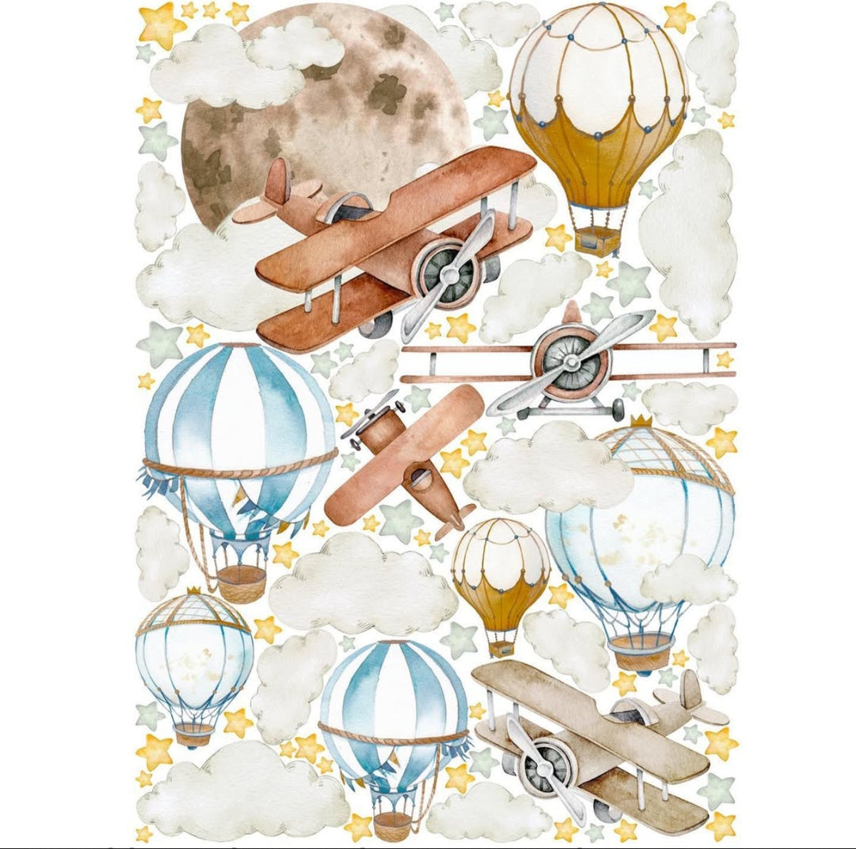 Kit adesivi murali con aerei vintage marroni, mongolfiere azzurre e una grande luna piena, stile acquerello retrò
