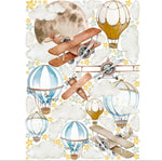 Kit adesivi murali con aerei vintage marroni, mongolfiere azzurre e una grande luna piena, stile acquerello retrò