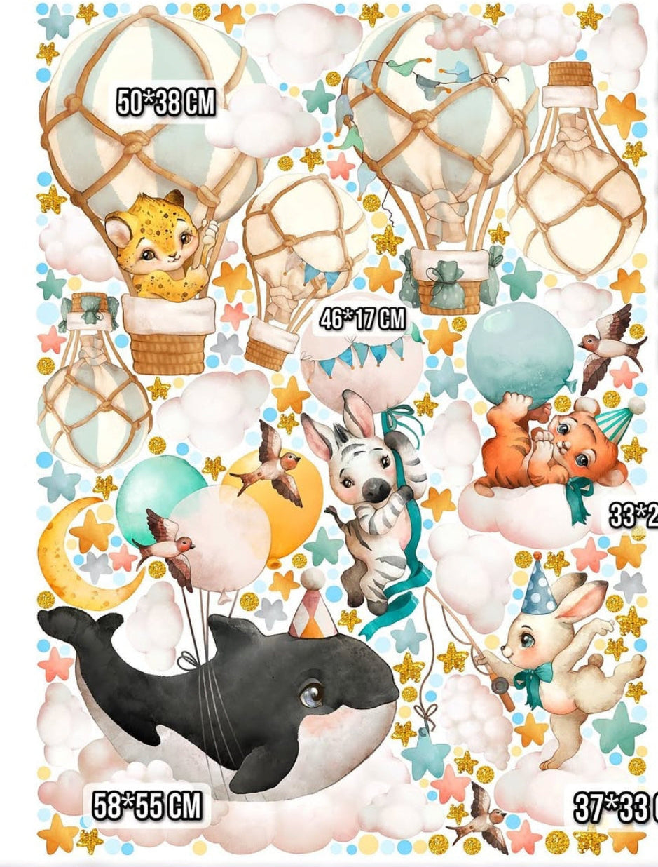 Adesivi murali cameretta bambini mongolfiera animali balena zebra coniglio stelle nuvole toni pastello wall sticker