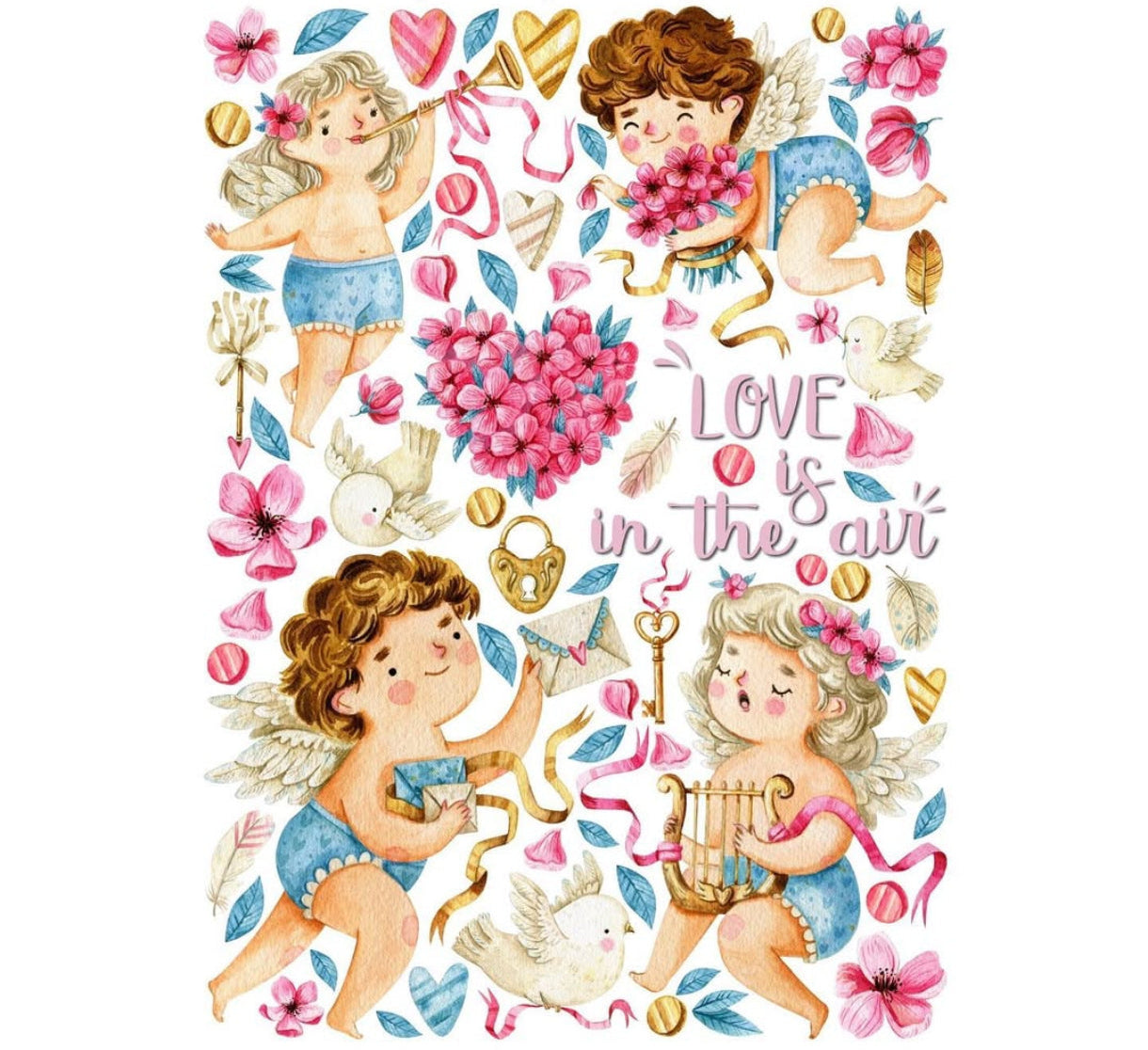 Stickers murali con simpatici angioletti Cupido, scritte d'amore, cuori rosa e fiori in stile acquerello.