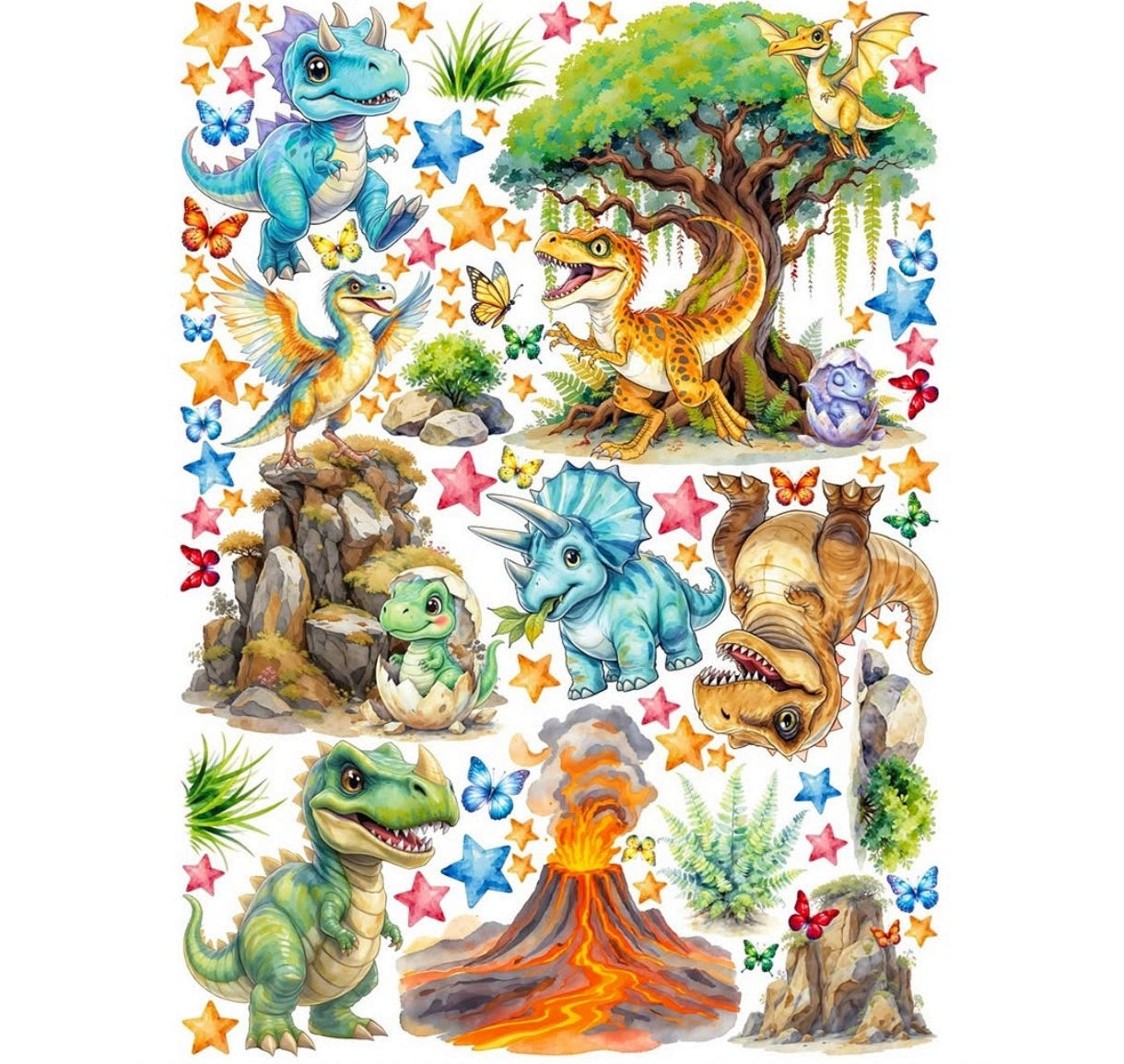  Stickers da muro con piccoli dinosauri, stelle, farfalle e alberi tropicali, stile acquerello vivace per cameretta.
