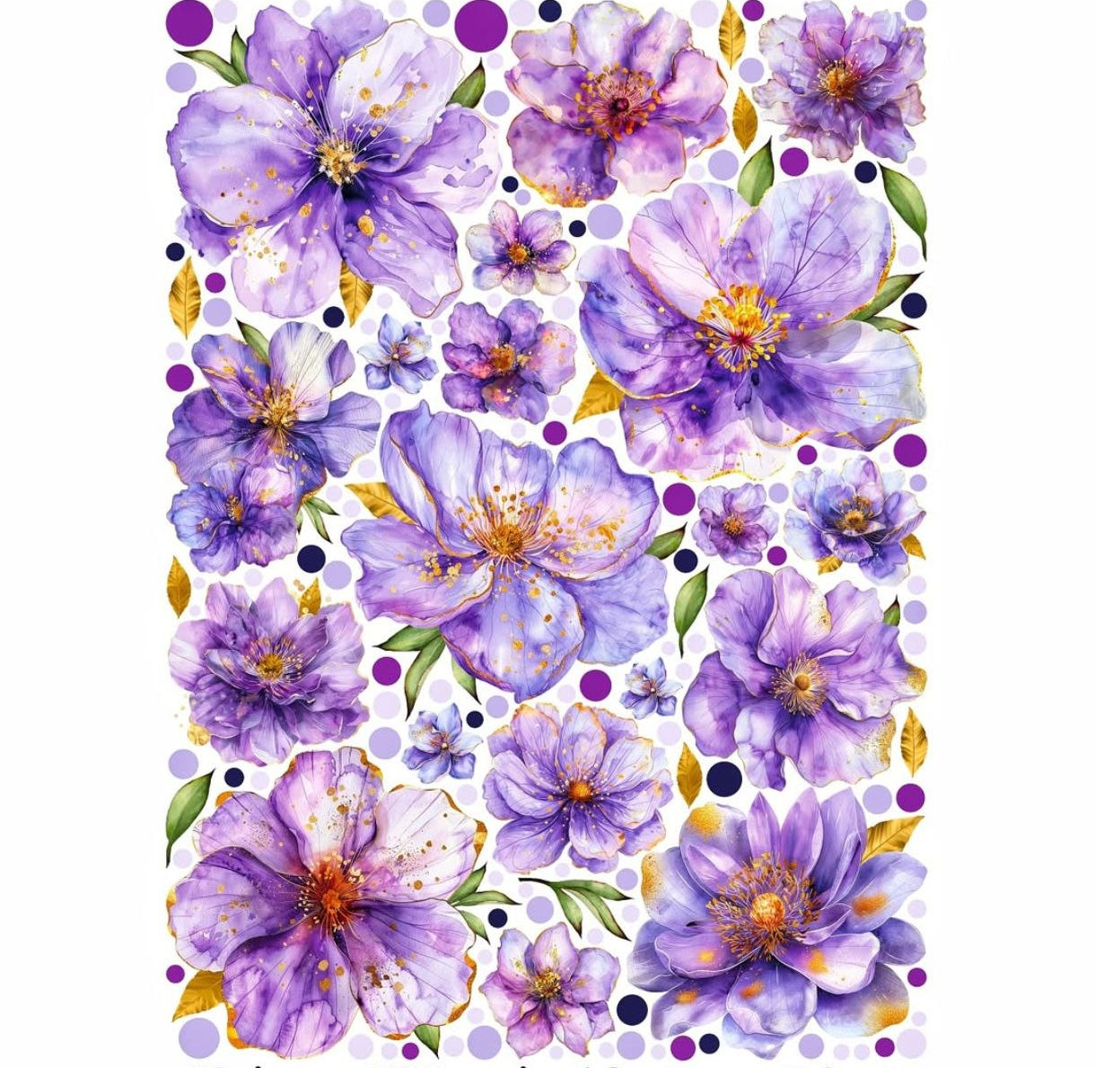 Wall sticker fiori anemoni viola colori lilla e viola acquerello con tocchi dorati e foglie, pois decorativi