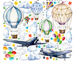 Stickers da muro tema volo con mongolfiere e aerei in stile illustrato, decorazione azzurra e pastello per bambini.