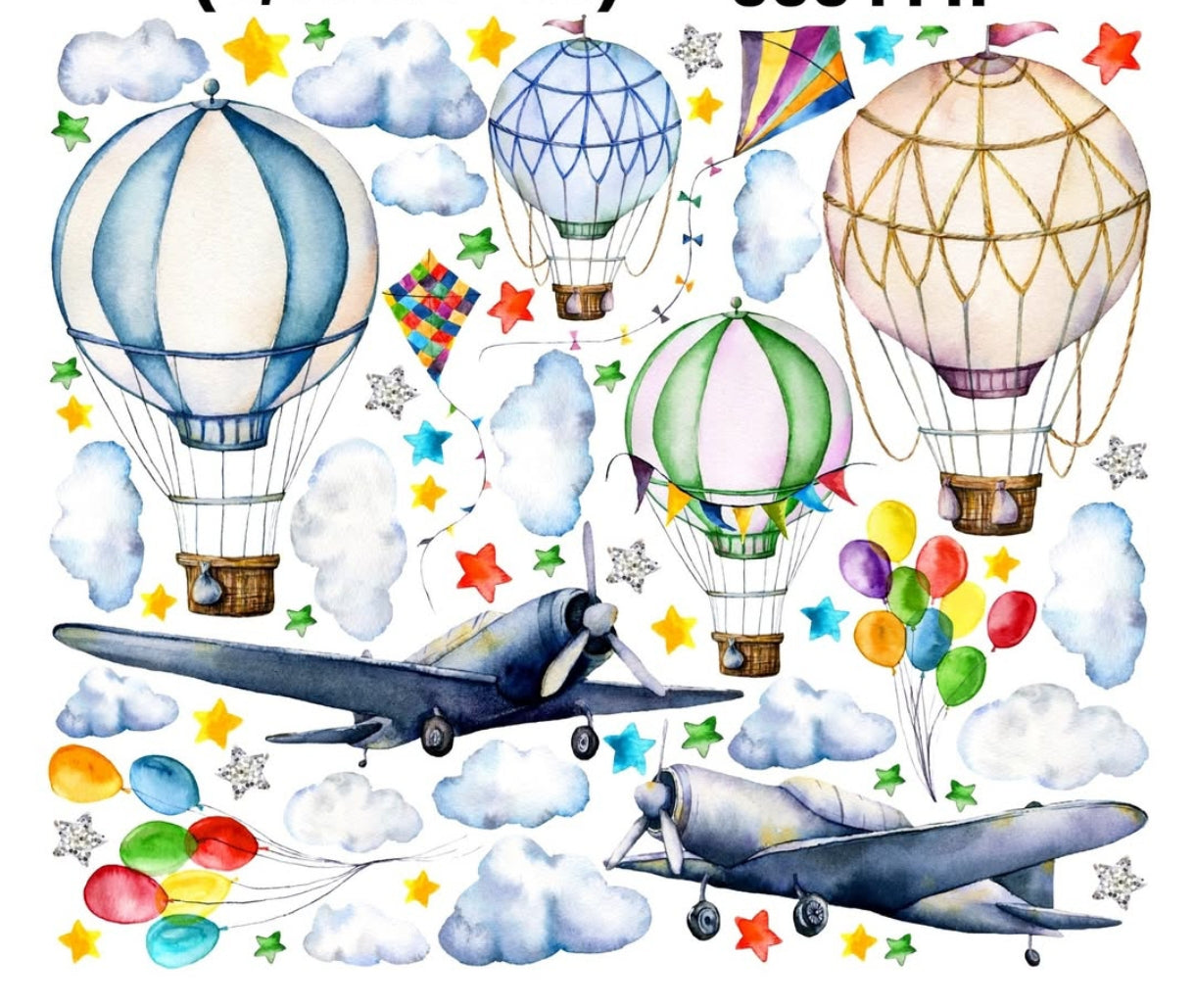 Stickers da muro tema volo con mongolfiere e aerei in stile illustrato, decorazione azzurra e pastello per bambini.