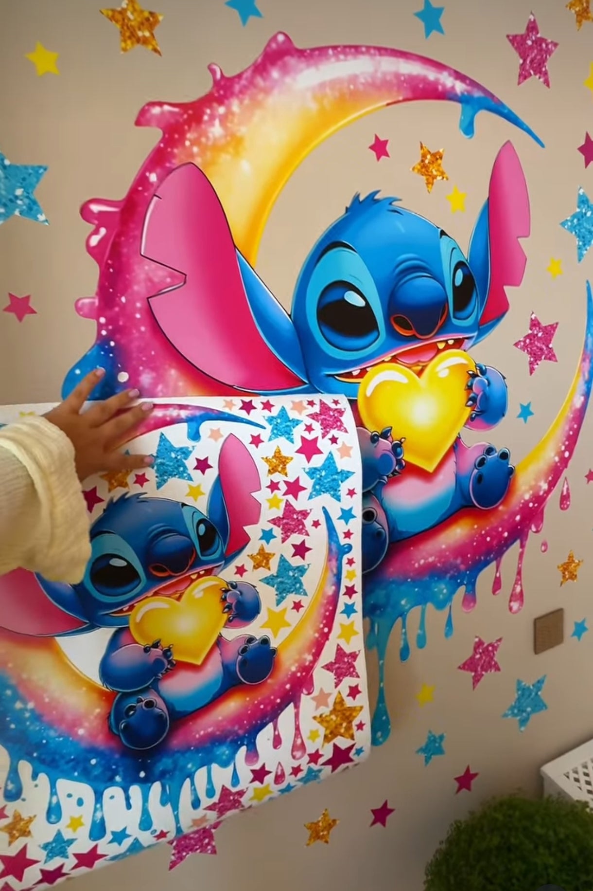 Adesivi murali alieno blu sulla luna con cuore e stelle glitter cameretta bambina, sticker rimovibile