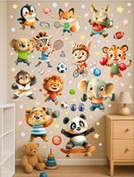 Adesivi murali animali sportivi: panda su skate, leone calciatore e elefante pesista. Sticker educativi cameretta bambini.