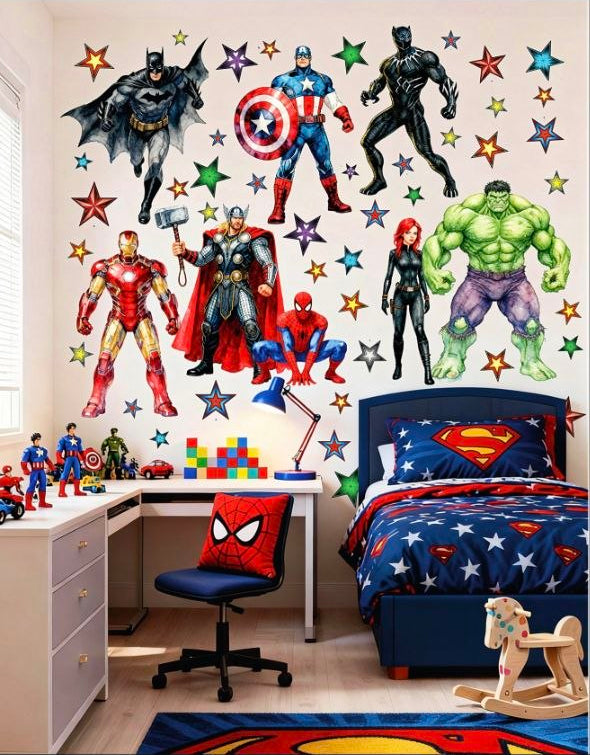 Sticker da muro Supereroi Marvel e DC con Batman e stelle. Decorazioni murali d'azione per stanza bambini e collezionisti.