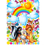 Kit completo di adesivi da muro con Bambi, un grande arcobaleno, sole, nuvole e farfalle colorate per camera bimba.