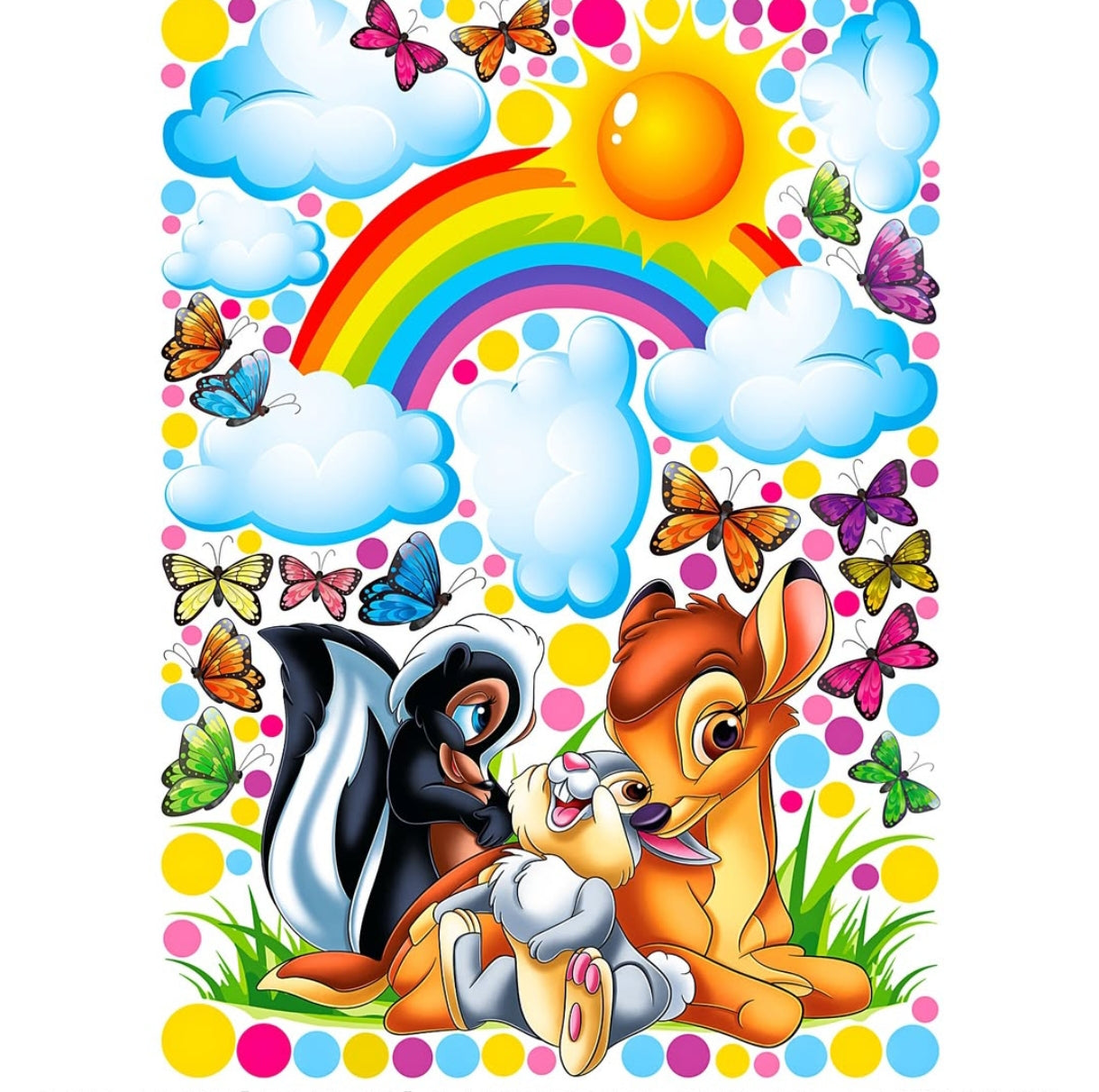 Kit completo di adesivi da muro con Bambi, un grande arcobaleno, sole, nuvole e farfalle colorate per camera bimba.