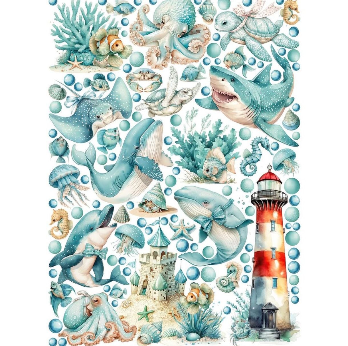 Adesivi murali con teneri animali del mare balena squalo polpo tartaruga faro e bolle turchesi per cameretta bambini