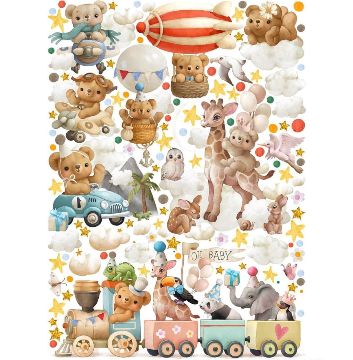 Adesivi murali cameretta bambini animali vintage trenino mongolfiera orsetto giraffa stelle nuvole wall sticker staccabili