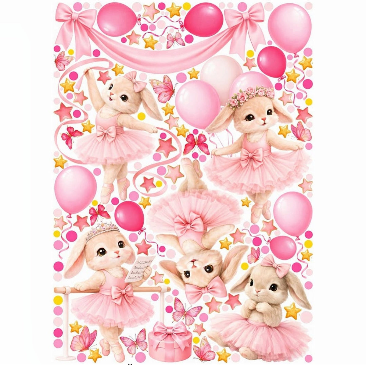 Wall sticker cameretta bimba conigliette ballerine tutù rosa palloncini stelle farfalle fiocchi staccabili personalizzabili