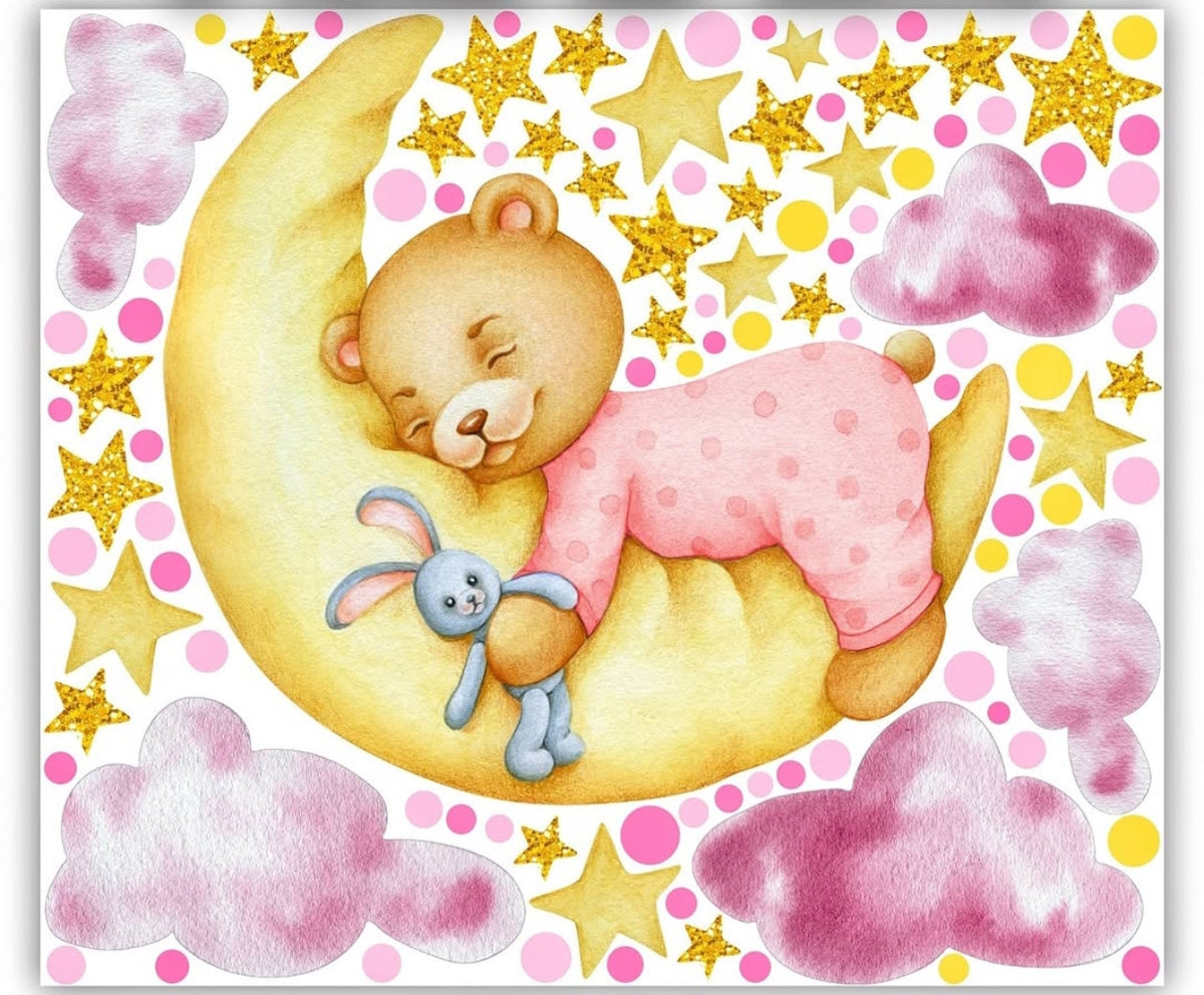 Adesivi murali cameretta bimba orsetta rosa luna con coniglietto nuvole lilla e stelle glitter oro acquerello, staccabili riposizionabili