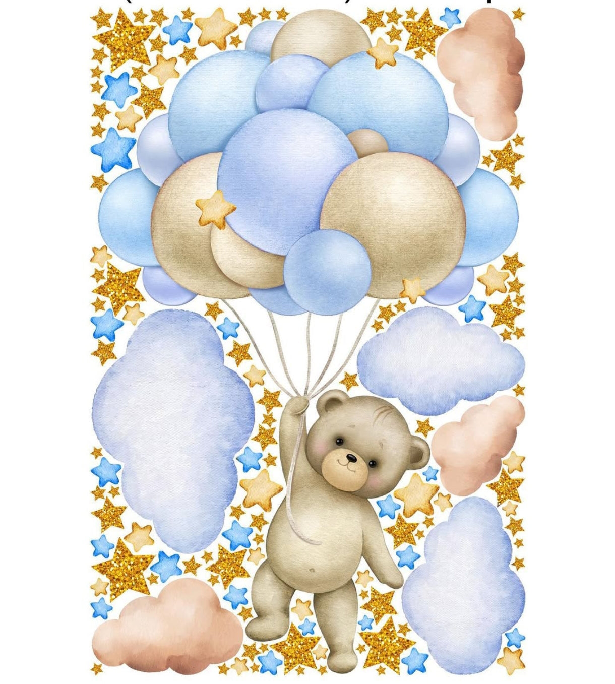 Wall sticker cameretta bimbo orsetto acquerello con palloncini azzurri dorati stelle glitter e nuvole, staccabili personalizzati