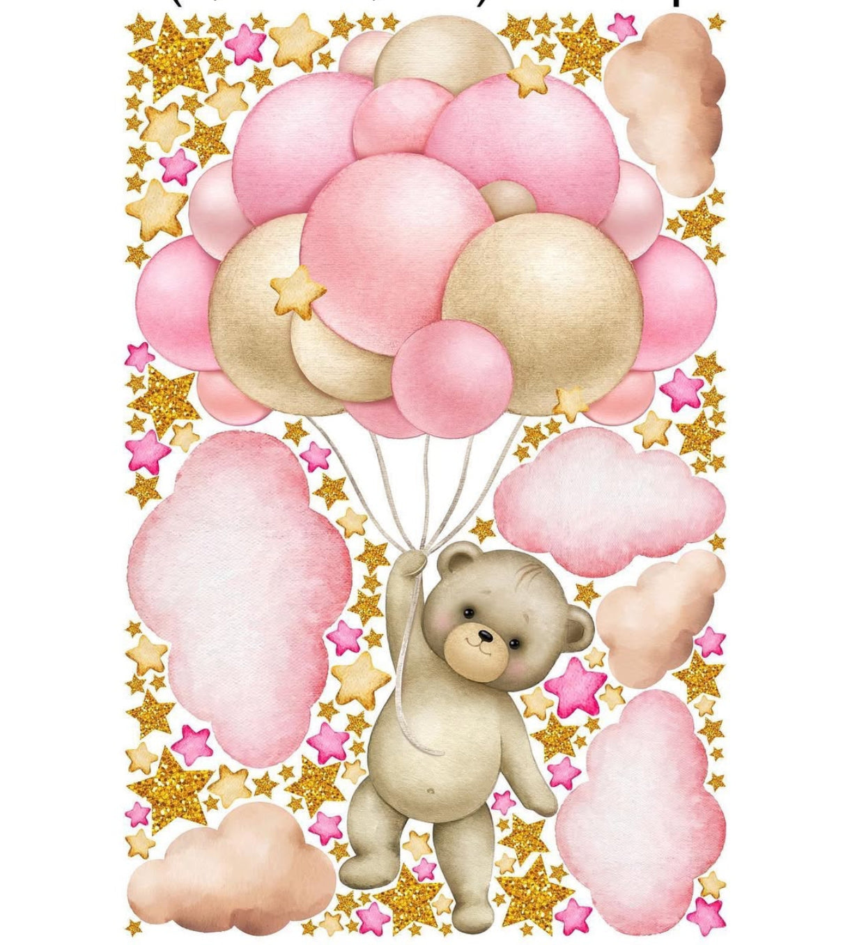 Adesivi murali cameretta orsetto con palloncini rosa e oro acquerello, stelle glitter e nuvole, staccabili riposizionabili bimba