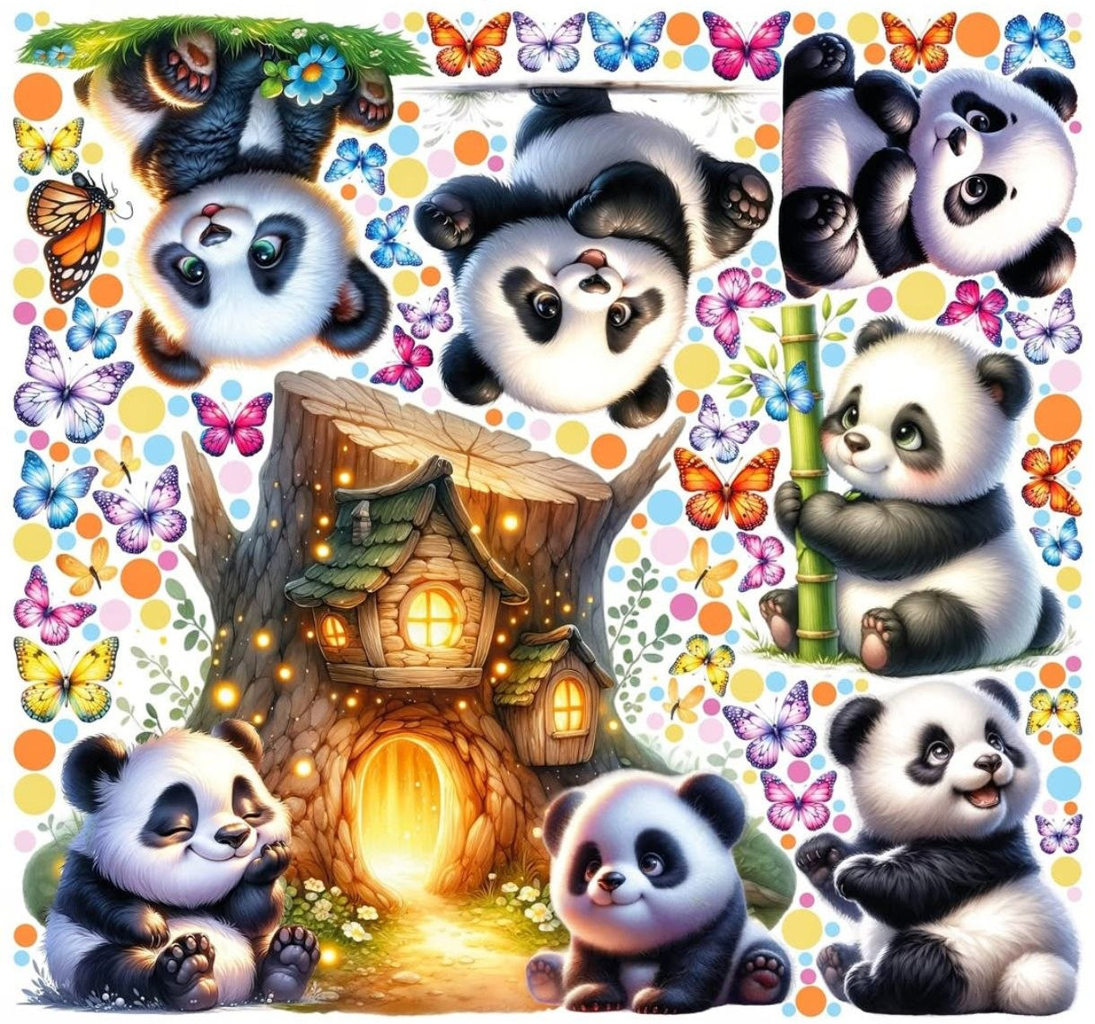 Adesivi murali con tenere pandine kawaii tra farfalle colorate e casetta magica illuminata perfetti per cameretta bambini