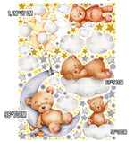 Wall sticker cameretta neonato set orsetti addormentati su luna e nuvole acquerello stelle dorate, più formati riposizionabili
