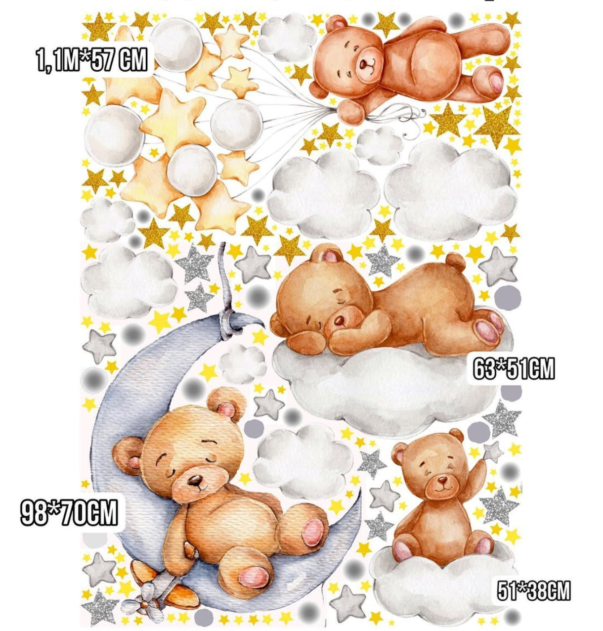 Wall sticker cameretta neonato set orsetti addormentati su luna e nuvole acquerello stelle dorate, più formati riposizionabili
