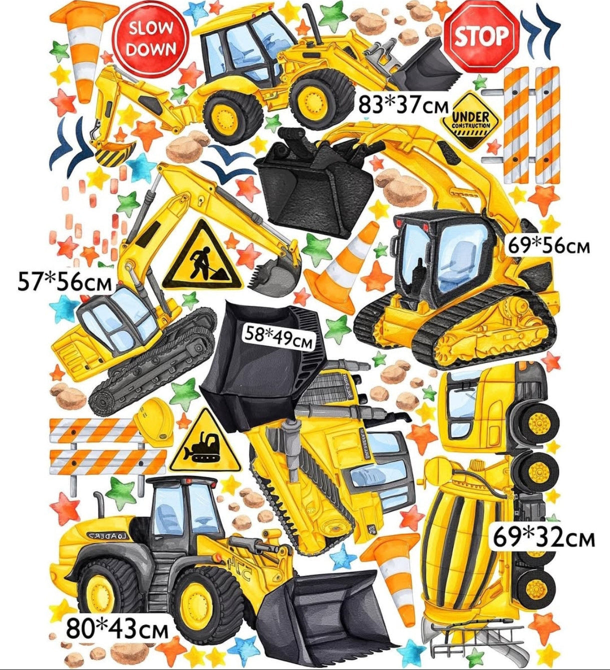 Adesivi murali cantiere bambini escavatori trattori camion stickers parete cameretta maschi