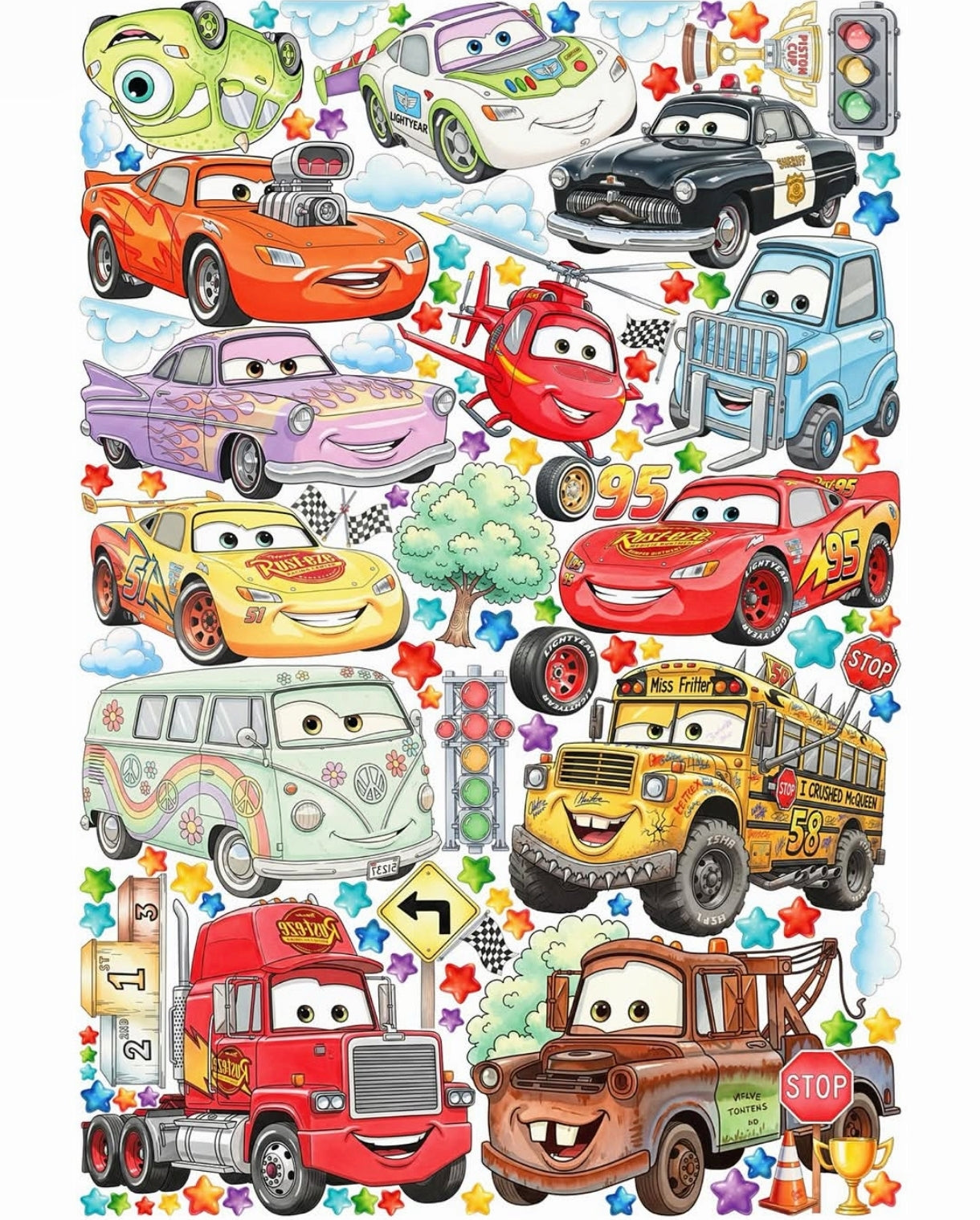 Adesivi murali Disney Cars con Saetta McQueen, Cricchetto e Miss Fritter. Sticker colorati per decorazione cameretta bimbi.
