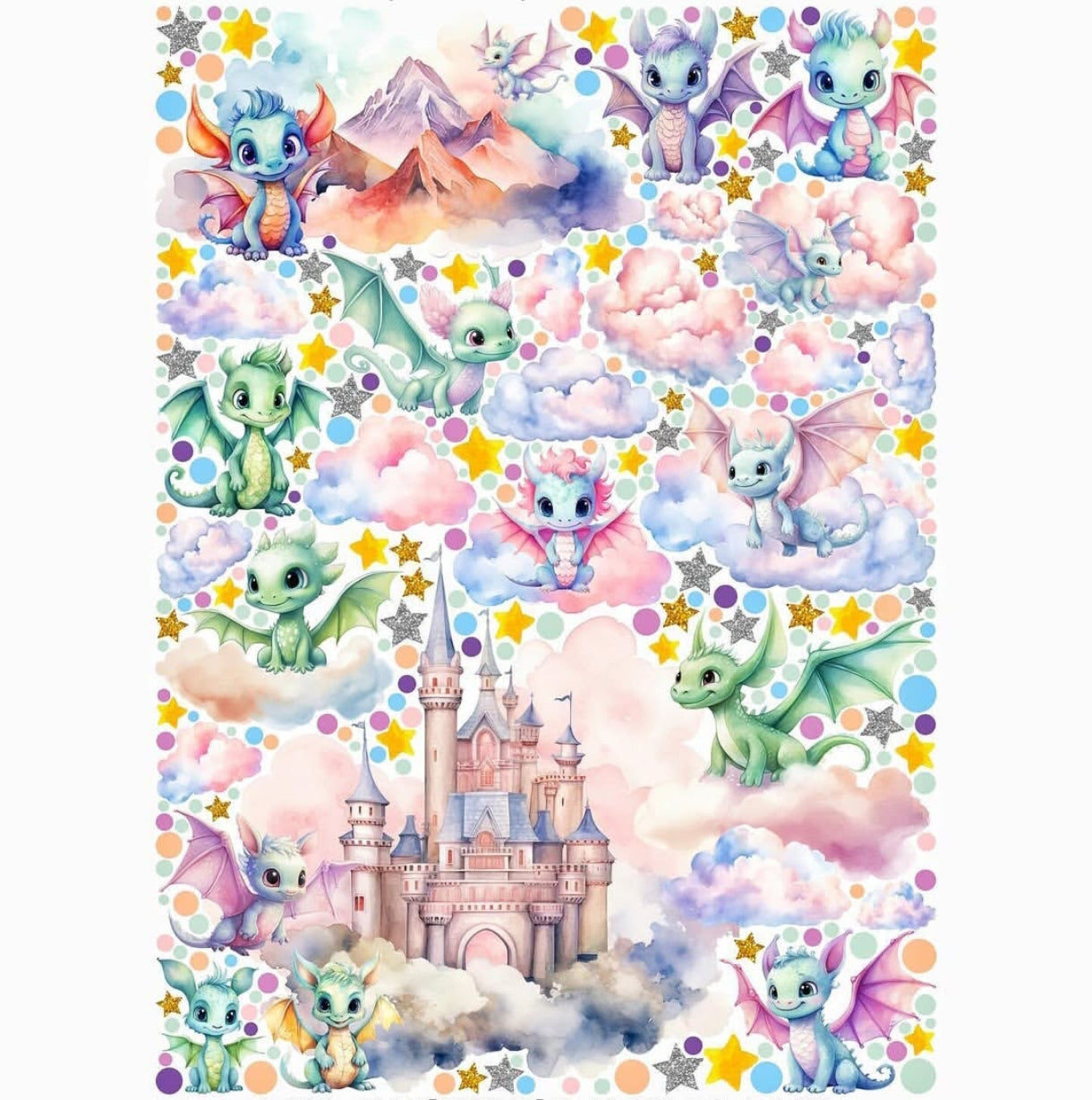 Wall sticker fiaba e draghetti colorati tra nuvole e stelle acquerello cameretta bambino, sticker staccabile