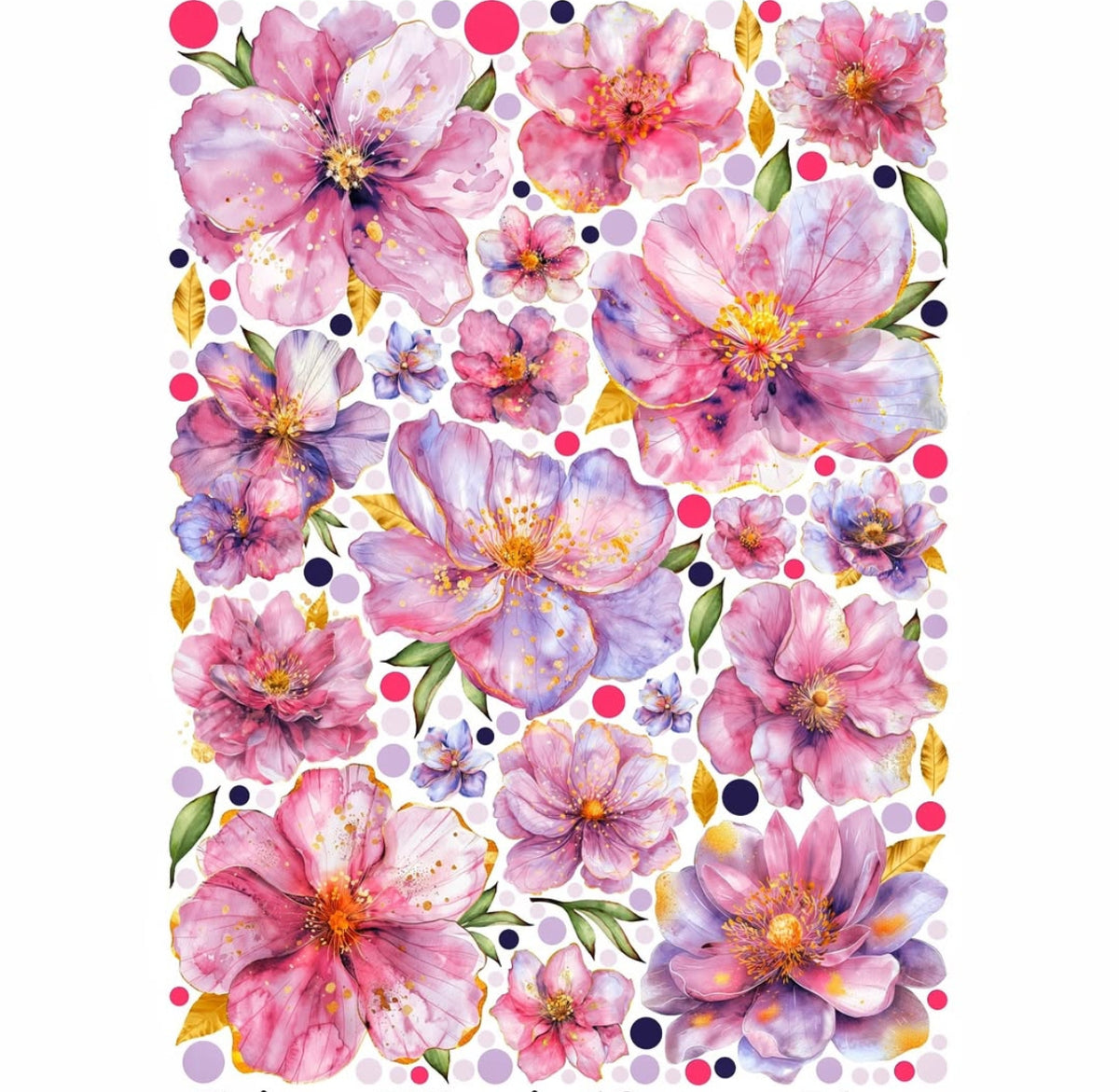 Adesivi murali fiori rosa lilla e oro acquerello cameretta bambina, wall sticker floreale rimovibile