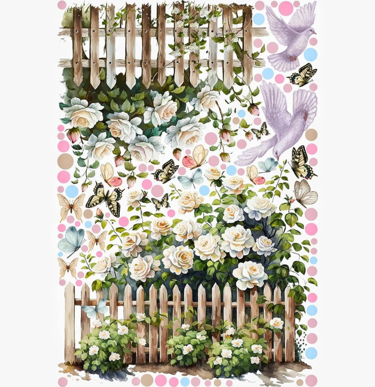 Adesivi murali giardino rose bianche staccionata e farfalle acquerello cameretta bambina, sticker rimovibile