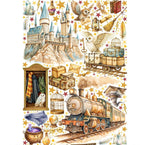 Stickers murali magici con il castello di Hogwarts, il treno espresso e civette ed elementi in stile acquerello.