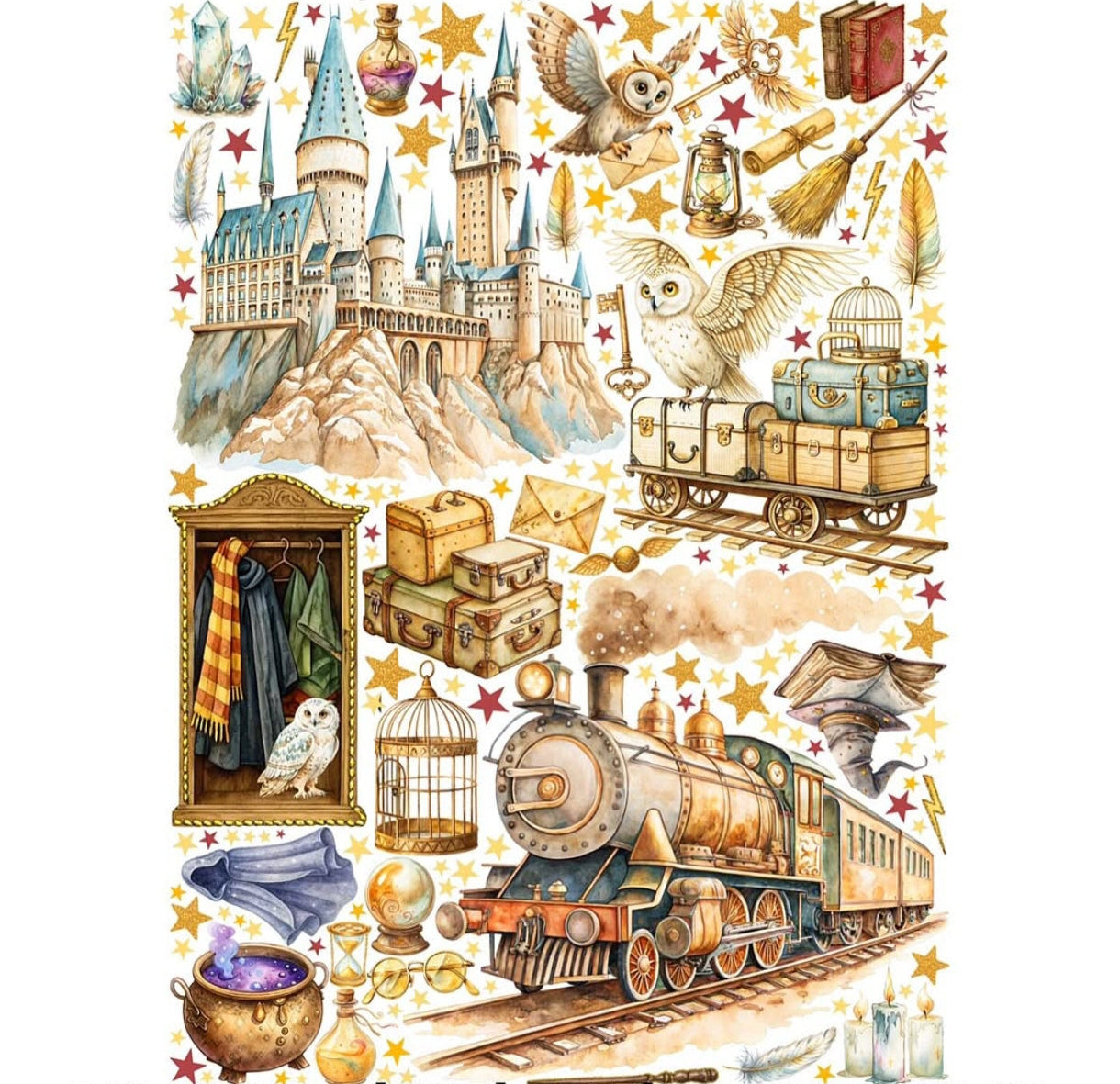 Stickers murali magici con il castello di Hogwarts, il treno espresso e civette ed elementi in stile acquerello.