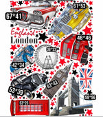 Stickers murali con Big Ben, Tower Bridge, autobus rosso a due piani e cabina telefonica di Londra con stelle nere e rosse.