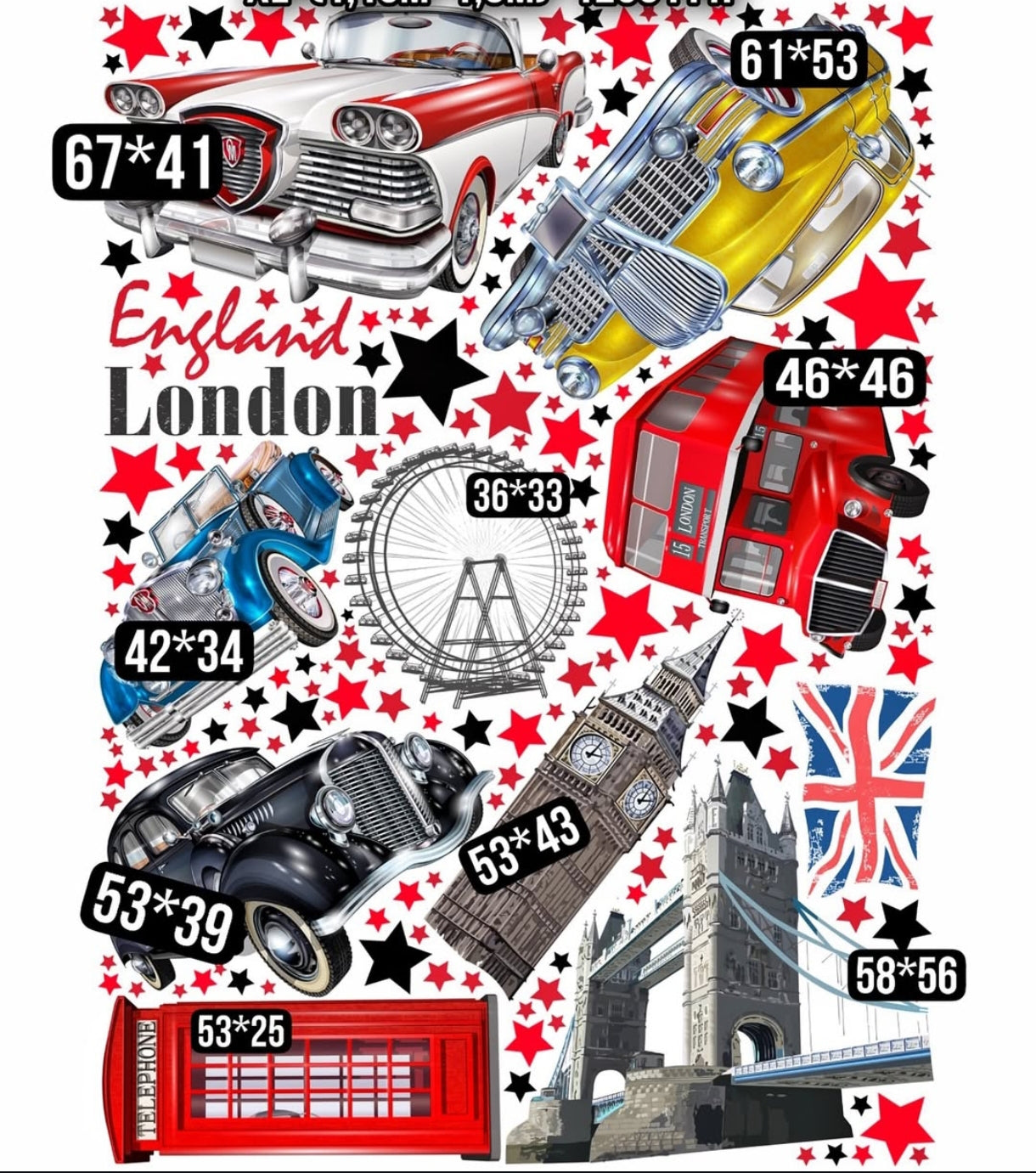 Stickers murali con Big Ben, Tower Bridge, autobus rosso a due piani e cabina telefonica di Londra con stelle nere e rosse.