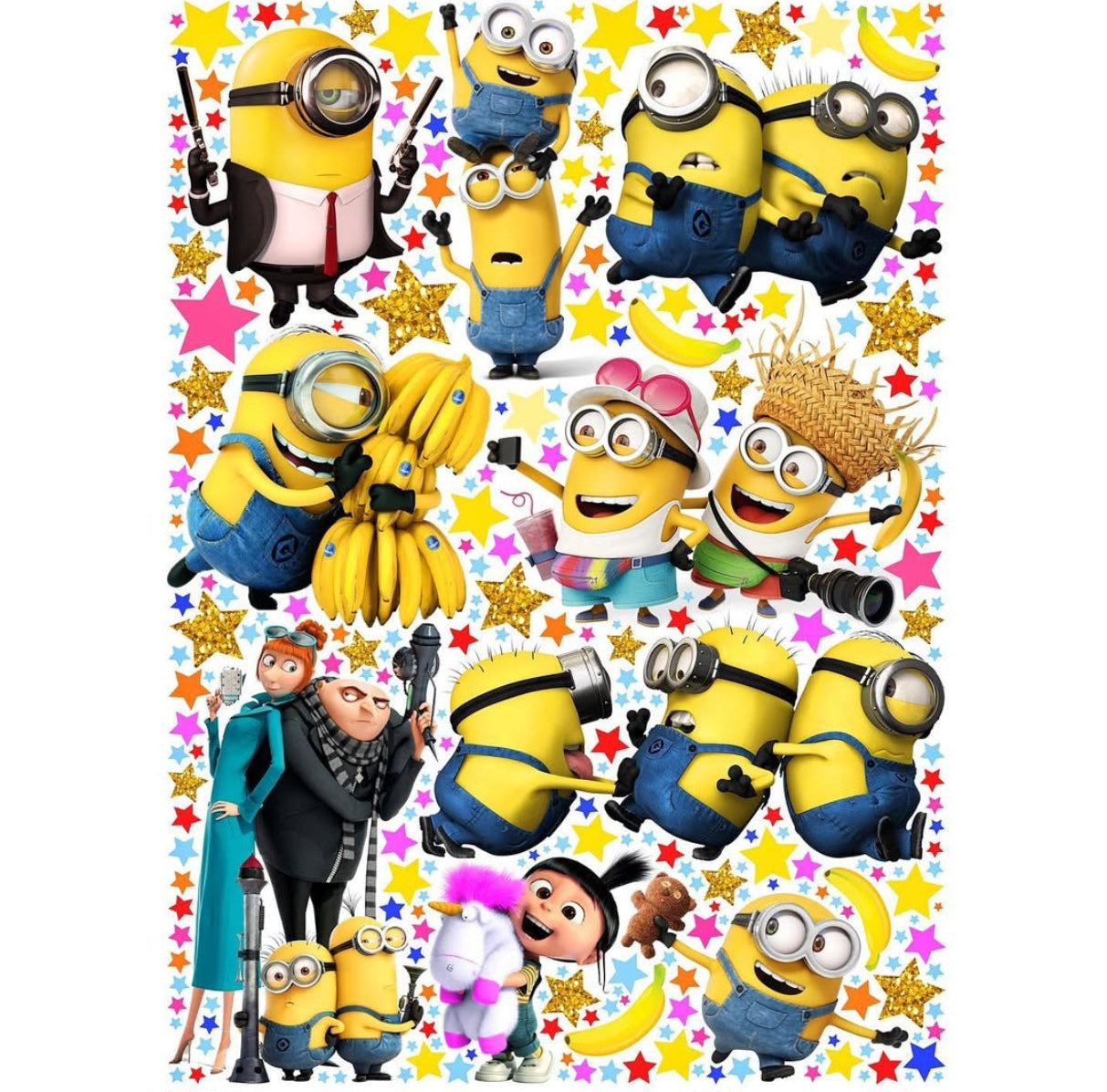 Stickers murali per cameretta con i simpatici Minions, Gru e Lucy, decorazione colorata con stelle e banane.
