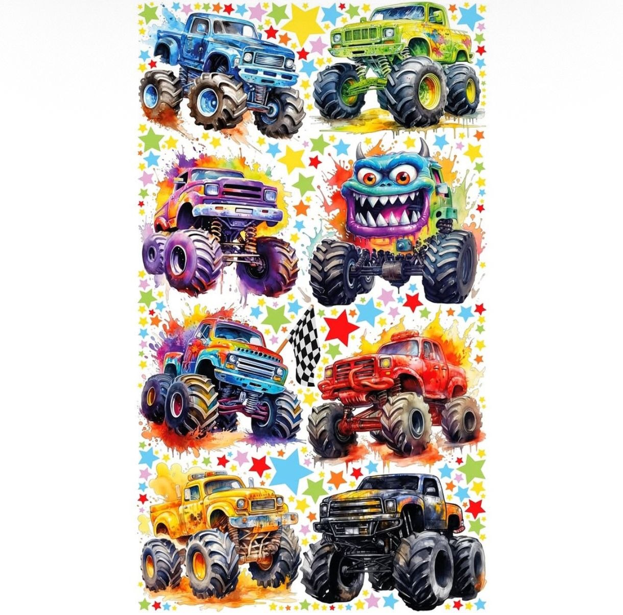 Stickers murali bambino con monster truck in stile acquarello, stelle colorate e bandiera a scacchi – adesivi parete cameretta maschio decorazione originale