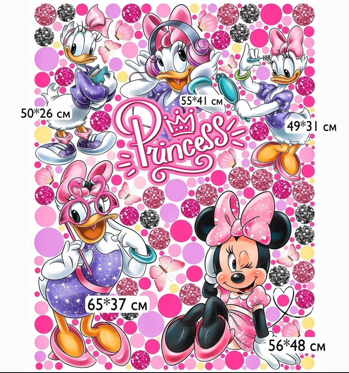 Adesivi murali paperina e topolina princess glitter rosa puntini cameretta bambina, wall sticker rimovibile