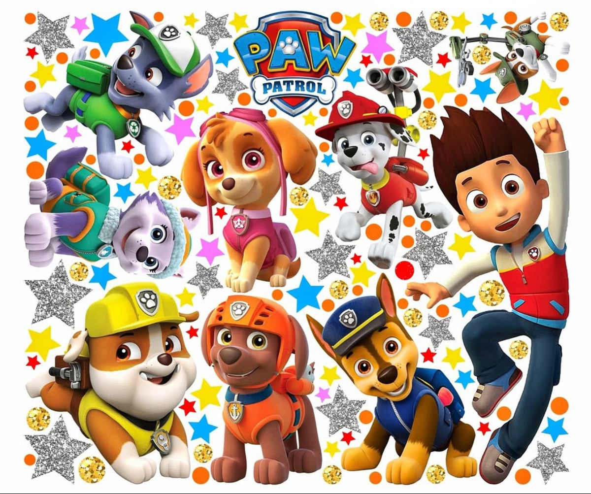 Kit completo di adesivi da muro a tema Paw Patrol con cuccioli assortiti e stelline, decorazione allegra per cameretta