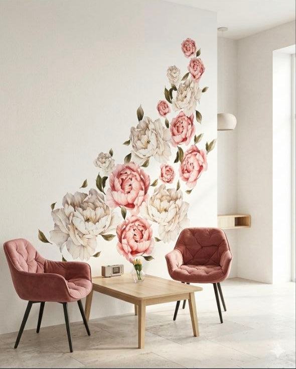 Grandi adesivi murali con peonie rosa e bianche stile acquerello, decorazione floreale elegante per soggiorno o cameretta