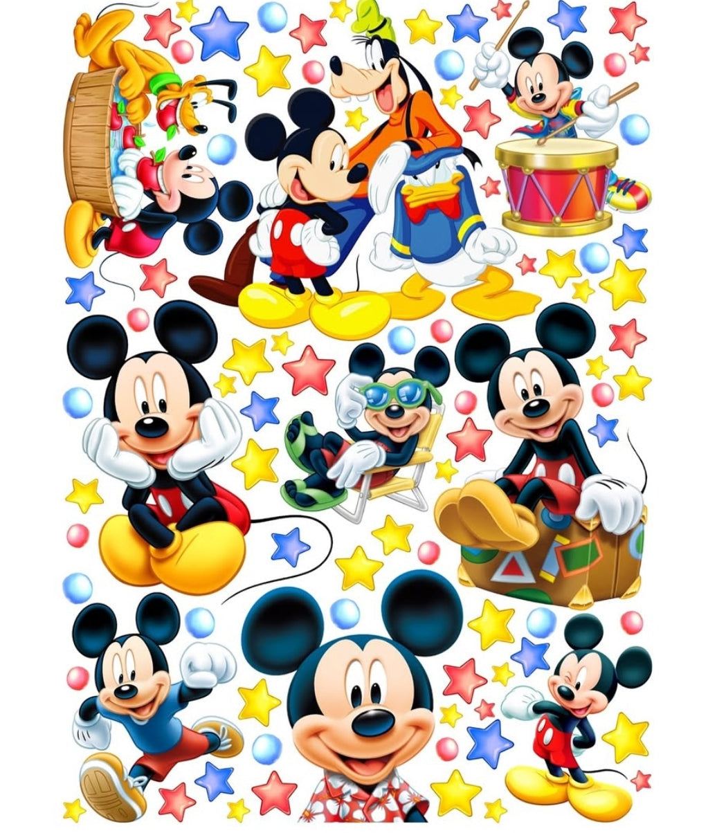 Wall sticker topolino pippo paperino e pluto con stelle rosse blu e gialle, cameretta bambino, sticker staccabile