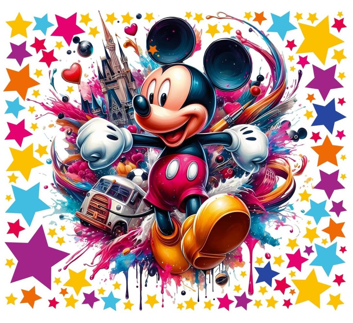 Adesivi murali personaggio cartone topolino pop art colori esplosivi stelle cameretta bambino, wall sticker rimovibile