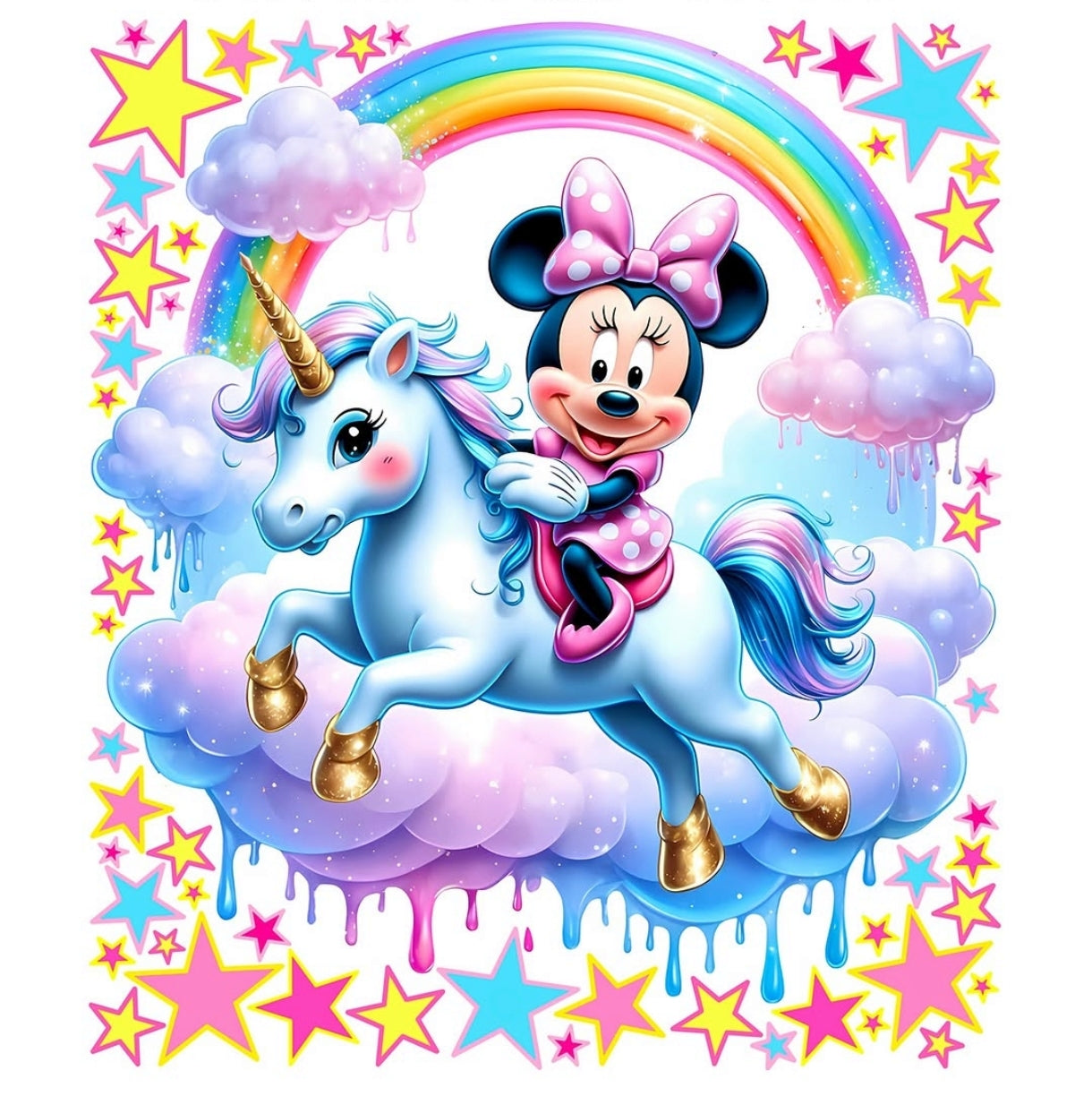 Adesivi murali personaggio cartone Minnie Mouse su unicorno arcobaleno stelle cameretta bambina, wall sticker rimovibile