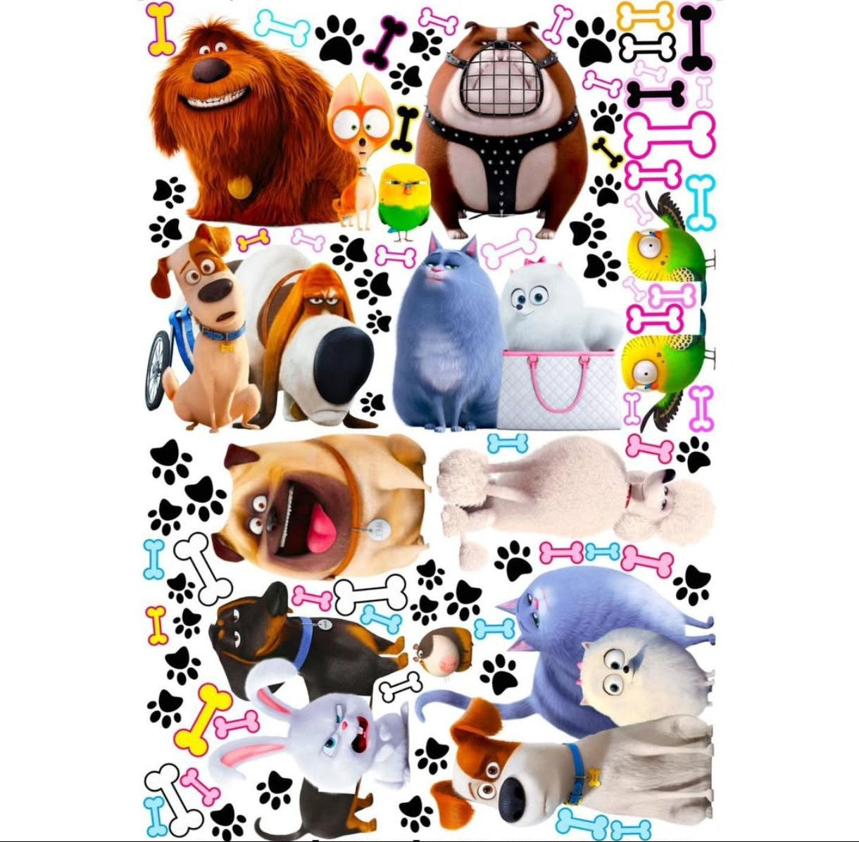 Stickers murali bambini con Max, Duke, Chloe e Gidget del film Pets, decorazione con impronte di zampe e ossi colorati.
