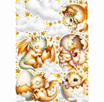 Adesivi murali con teneri draghetti dorati che escono dalle uova, stelle brillanti e nuvole, decorazione fantasy bimbi.