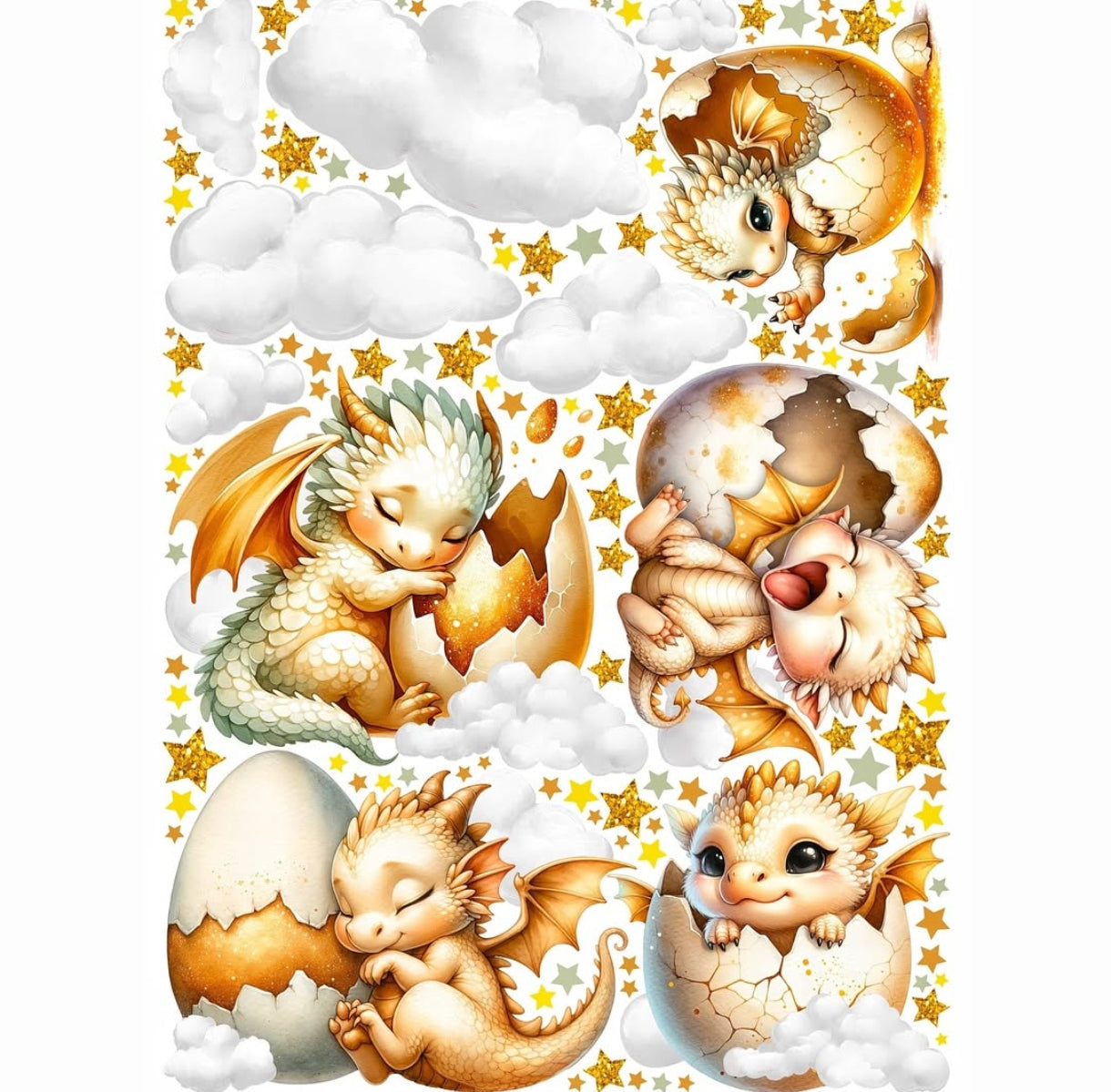 Adesivi murali con teneri draghetti dorati che escono dalle uova, stelle brillanti e nuvole, decorazione fantasy bimbi.