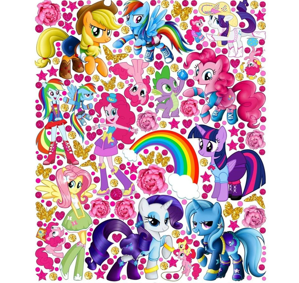 Adesivi murali pony colorati arcobaleno cuori stelle gold cameretta bambina, wall sticker rimovibile