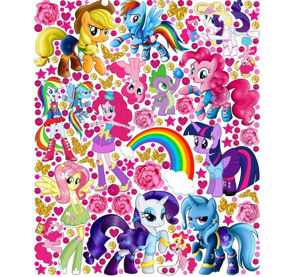 Adesivi murali pony colorati arcobaleno cuori stelle gold cameretta bambina, wall sticker rimovibile